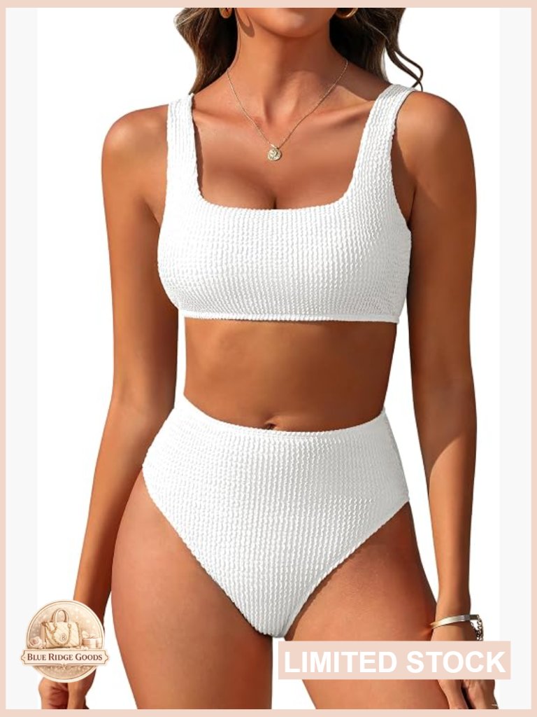 Two Piece Bikini Set High Waist Square Neck Ribbed Textured Swimsuit Bathing